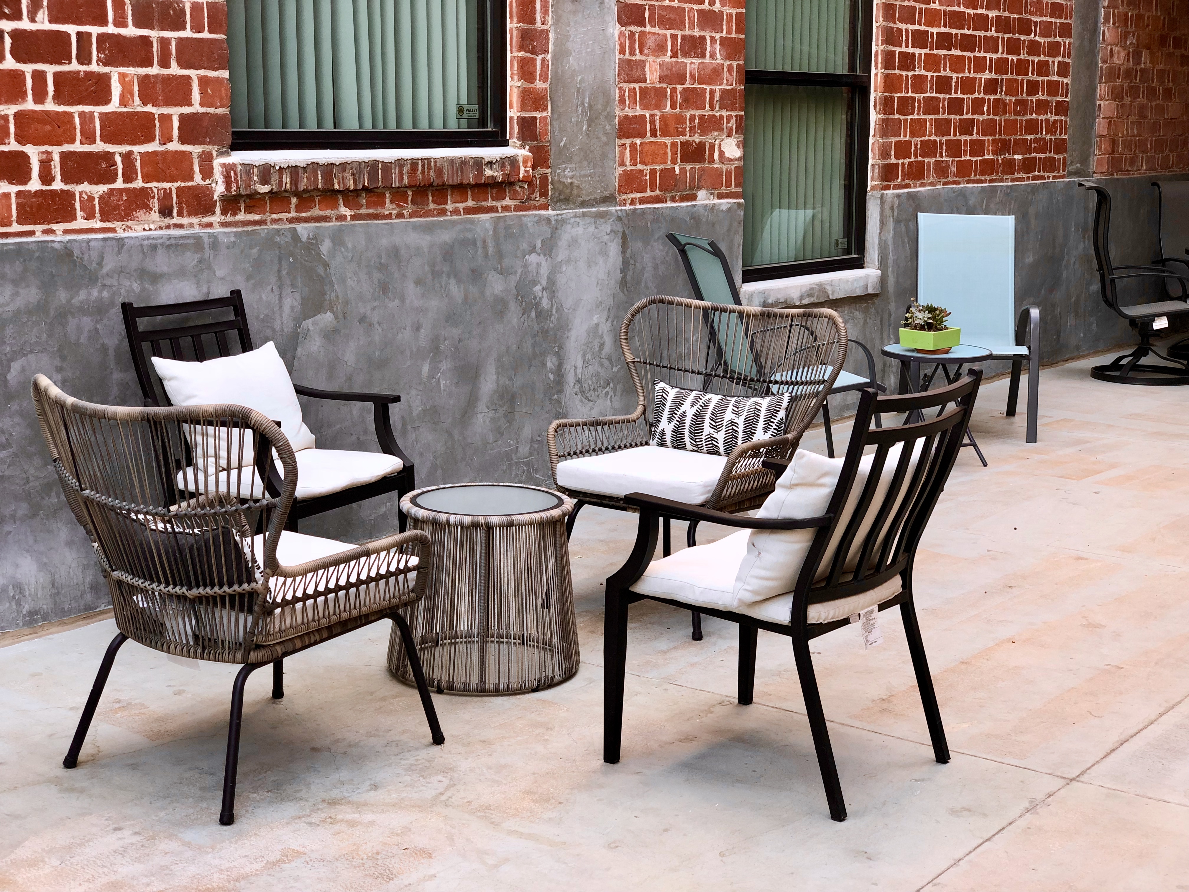 close up of the chairs at hashtag work space patio